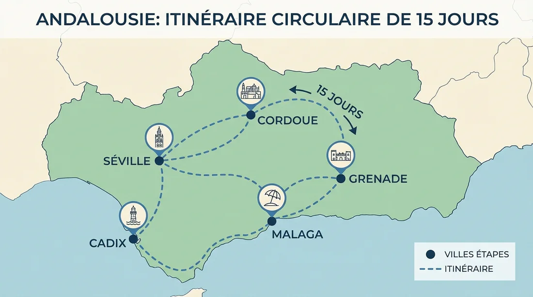 Infographie de la carte de l'Andalousie avec l'itinéraire de 15 jours en camping-car.