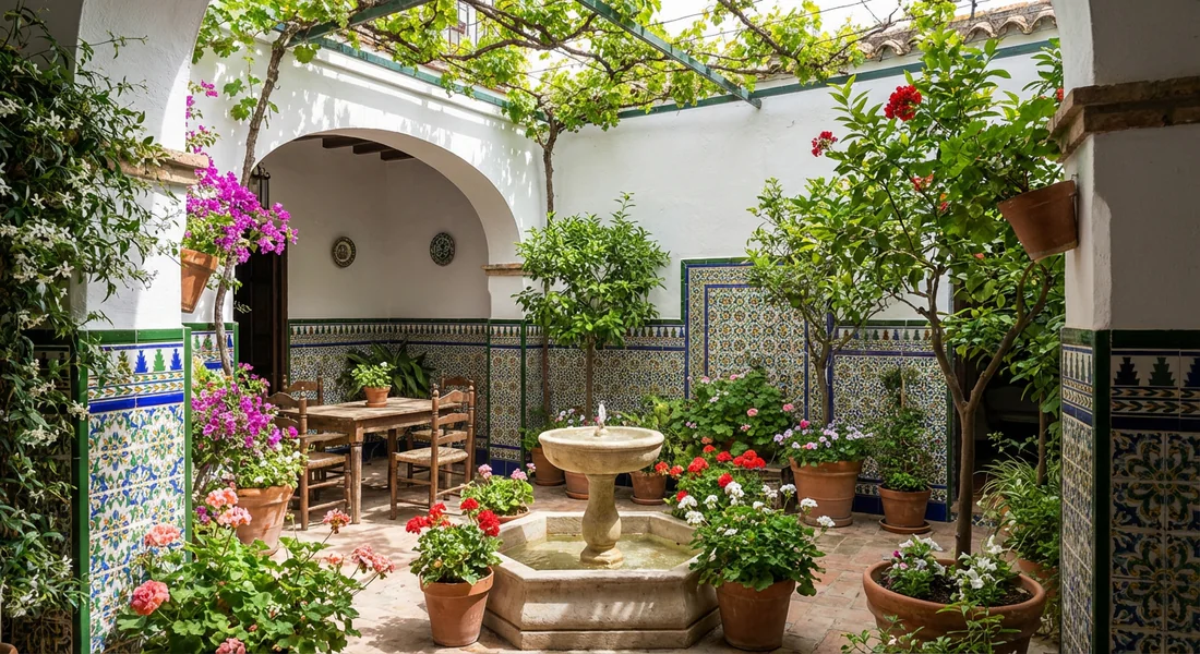 Art de vivre et patios en Andalousie Patio andalou traditionnel avec azulejos et plantes vertes