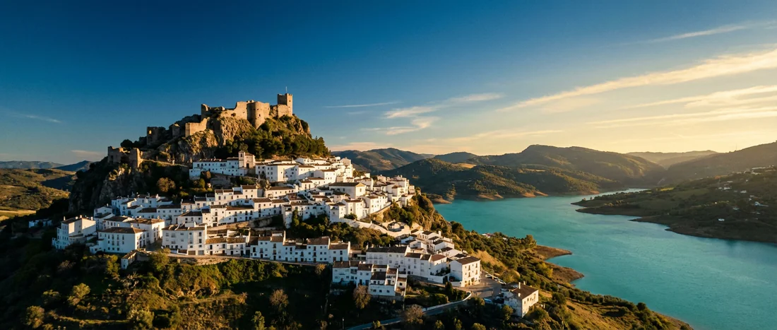 Zahara de la Sierra - Village Blanc d'Andalousie Vue panoramique du village blanc de Zahara de la Sierra sous un ciel bleu intense en Andalousie