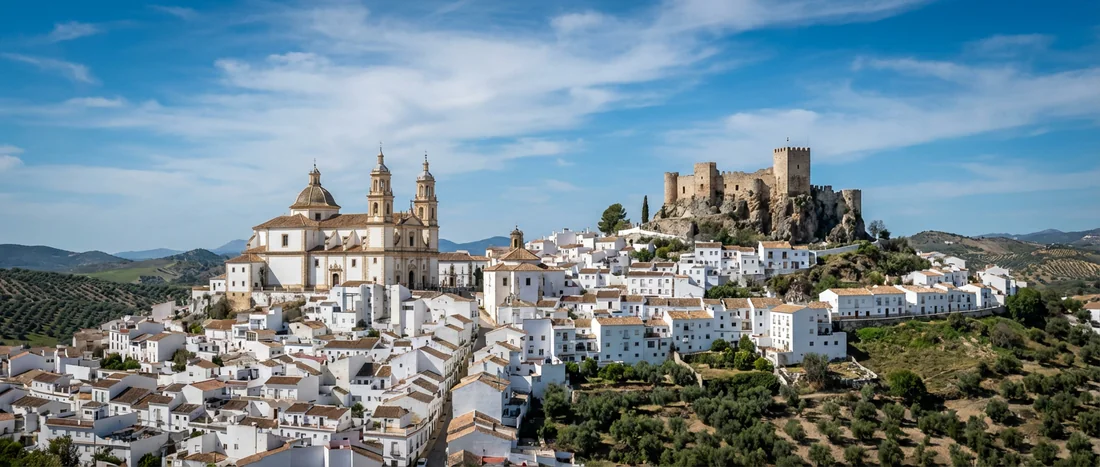 Olvera - Patrimoine historique andalou Vue sur l'église et le château de Olvera dominant le village blanc