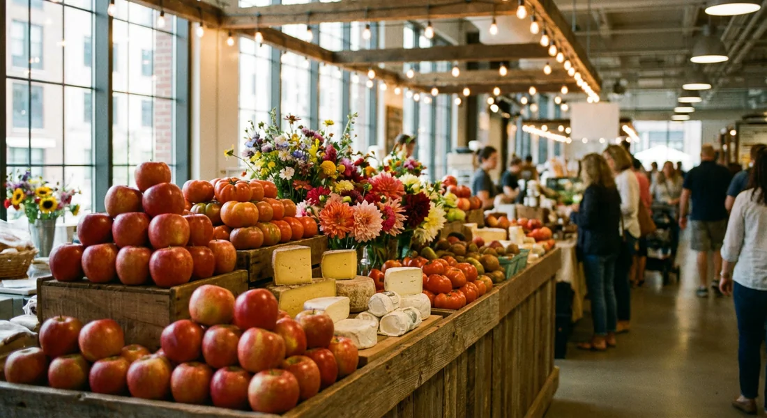 Étalages gourmands de produits locaux au Boston Public Market.