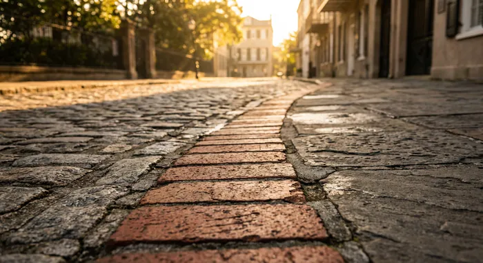 Gros plan dynamique sur la ligne rouge du Freedom Trail serpentant dans les rues de Boston.
