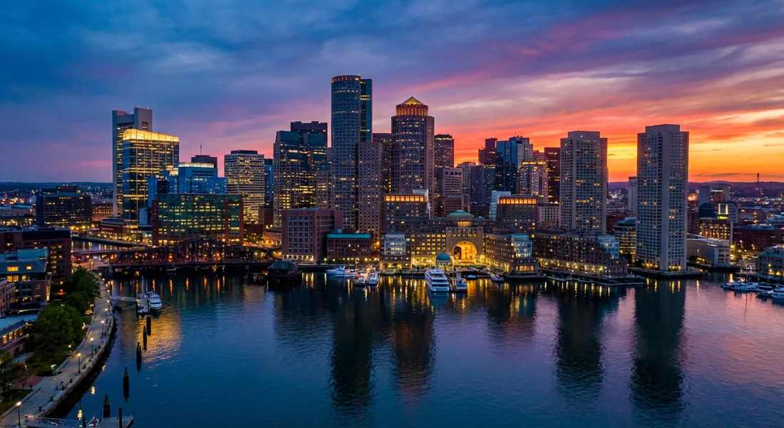 Panorama de la skyline de Boston vue depuis Fan Pier Park à la tombée de la nuit.
