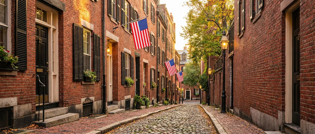 Vue iconique d'Acorn Street à Beacon Hill, Boston, avec ses pavés et ses drapeaux américains sous une lumière dorée.