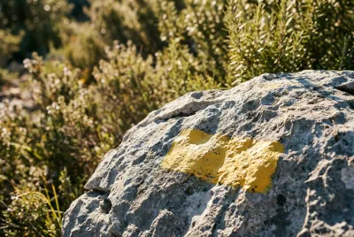 Gros plan sur une balise de randonnée jaune sur un rocher, indiquant le chemin du Col de Fambetou.