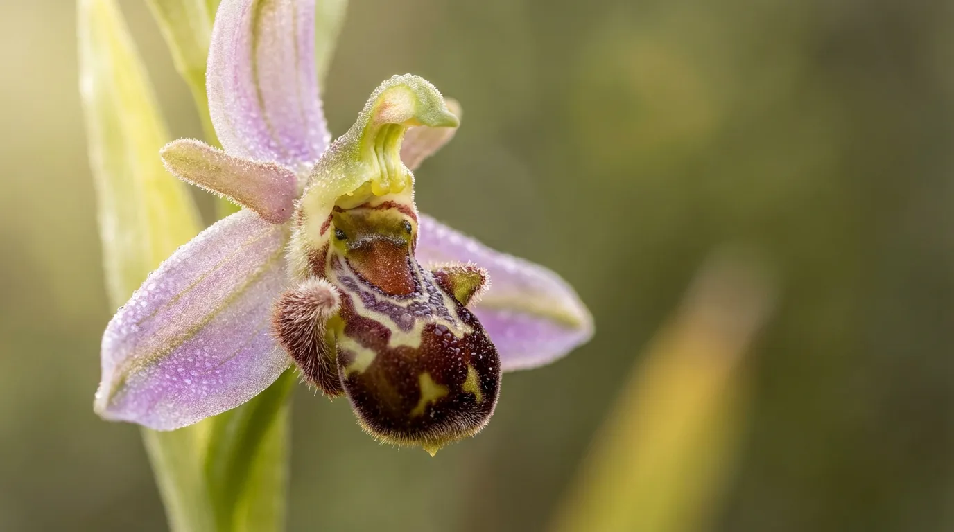Photographie macro d'une orchidée sauvage typique de la flore du Col de Fambetou, mettant en évidence ses détails délicats.