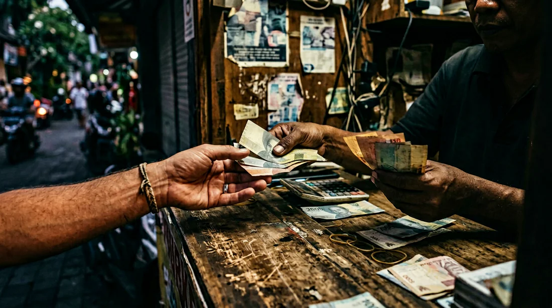 Prudence avec les bureaux de change locaux Arnaque au change d'argent dans un bureau non officiel à Bali.