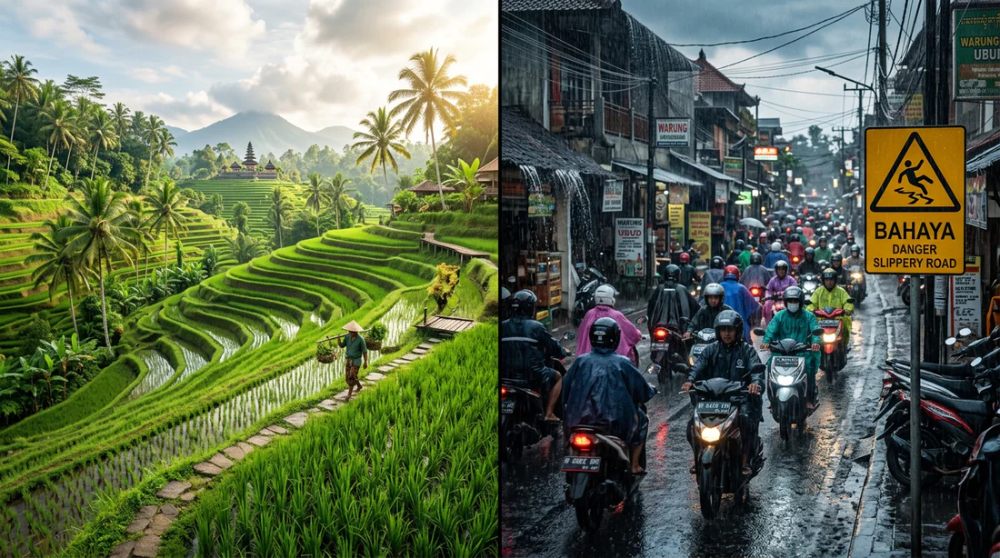 Les deux visages de Bali : paradis et défis logistiques Contraste visuel entre la beauté des rizières de Bali et le chaos du trafic routier sous la pluie.