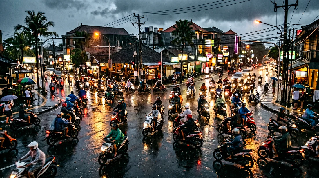 Dangers de la conduite et du trafic balinais Trafic de scooters intense sous une pluie tropicale à Bali.