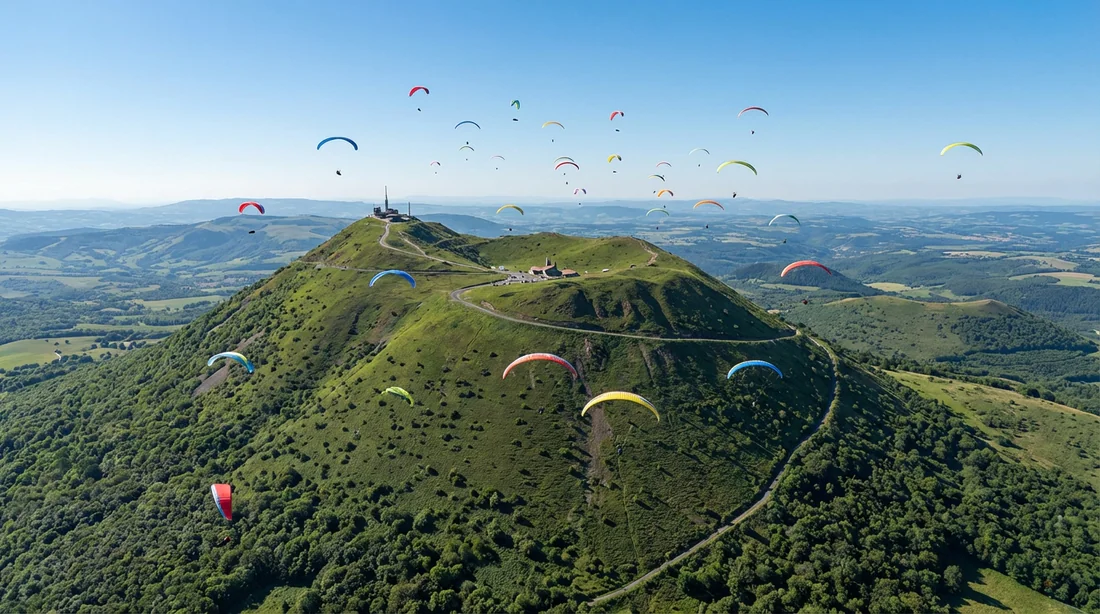 Parapentes survolant les pentes verdoyantes du Puy de Dôme