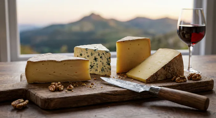 Plateau de fromages d'Auvergne et vin rouge avec vue montagne