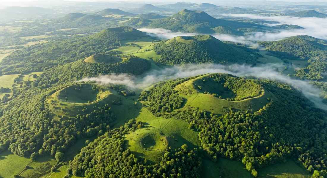 Vue aérienne de l'alignement des volcans de la Chaîne des Puys