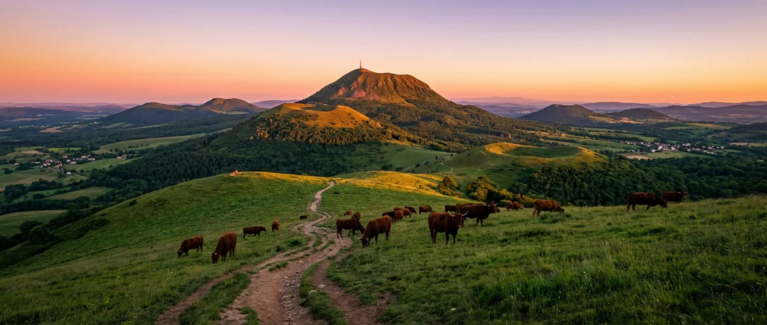 Vue panoramique du Puy de Dôme au coucher du soleil avec des vaches Salers au premier plan