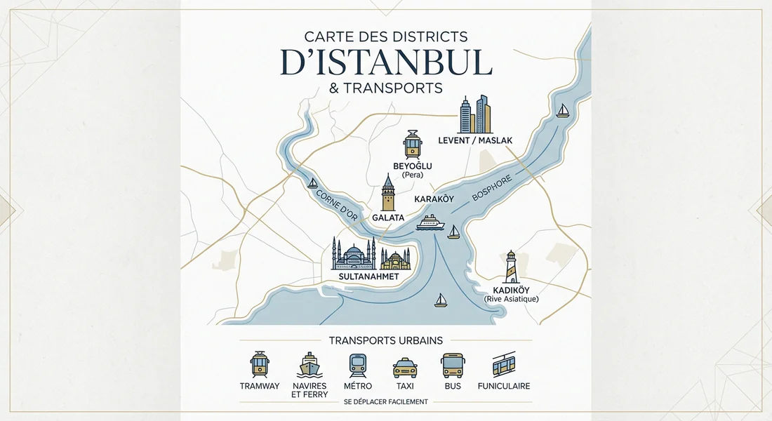 Infographie des quartiers principaux et transports à Istanbul.
