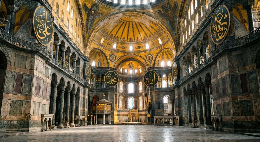 Intérieur majestueux de Sainte-Sophie avec ses dômes et mosaïques historiques.
