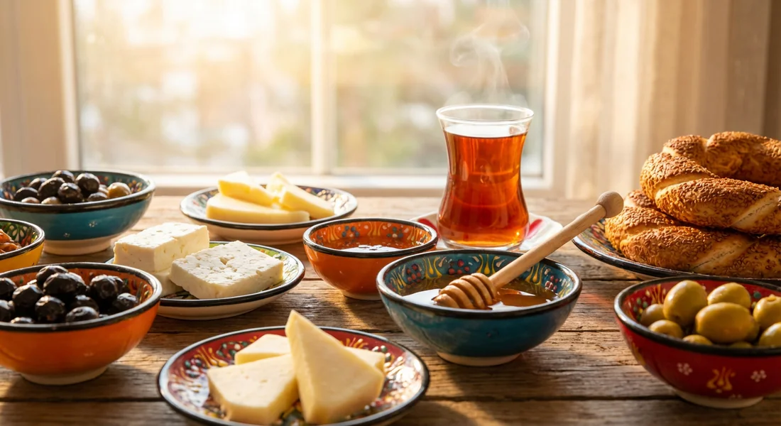 Petit-déjeuner turc traditionnel avec thé et assortiment de spécialités locales.
