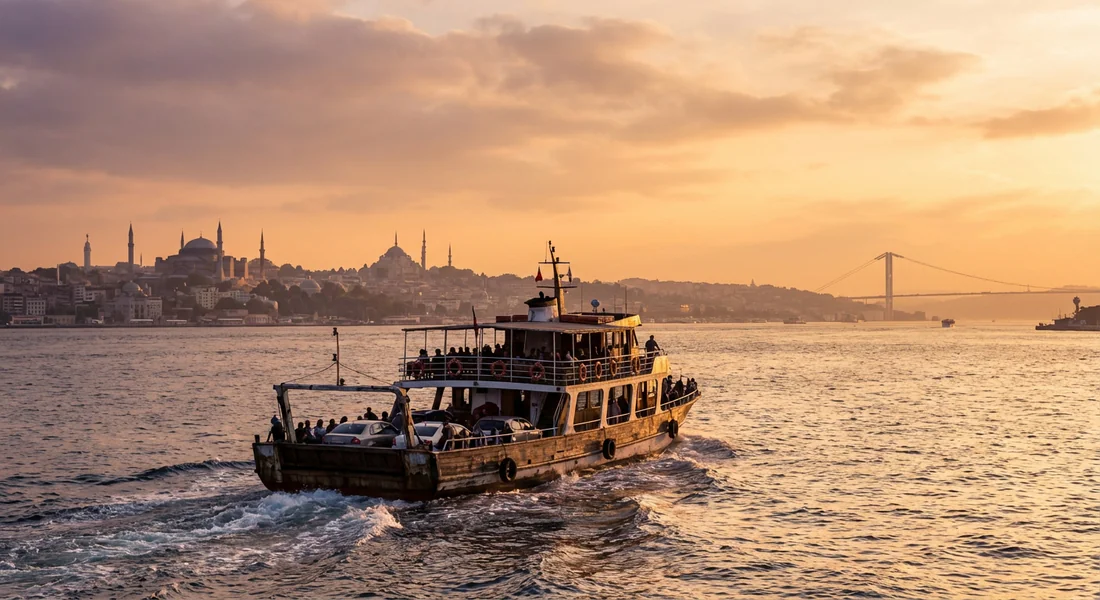 Vue panoramique du Bosphore au coucher du soleil avec un ferry traditionnel.