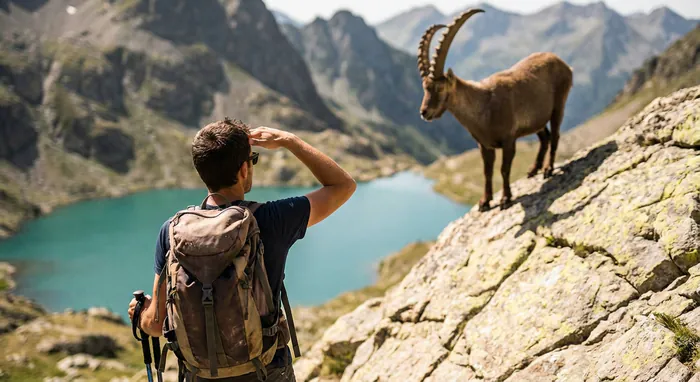 Randonneur observant un bouquetin face au Lac de Peyre