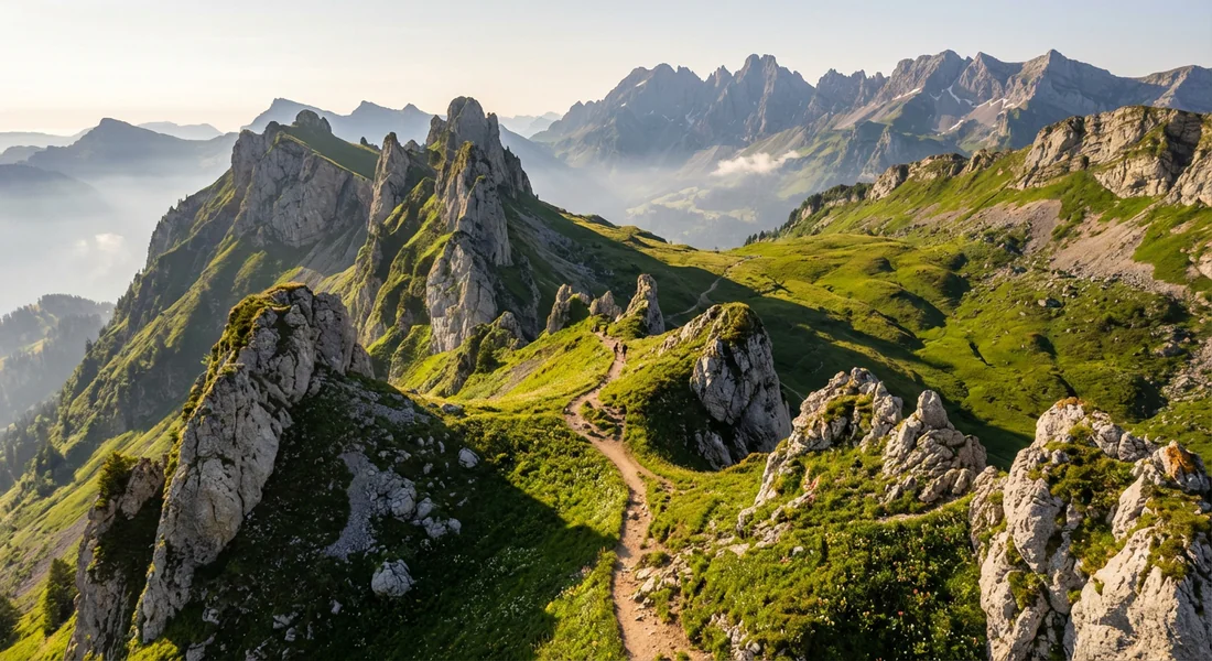 Itinéraire de montée vers le Lac de Peyre Sentier de randonnée sinueux montant vers le Lac de Peyre depuis la Colombière
