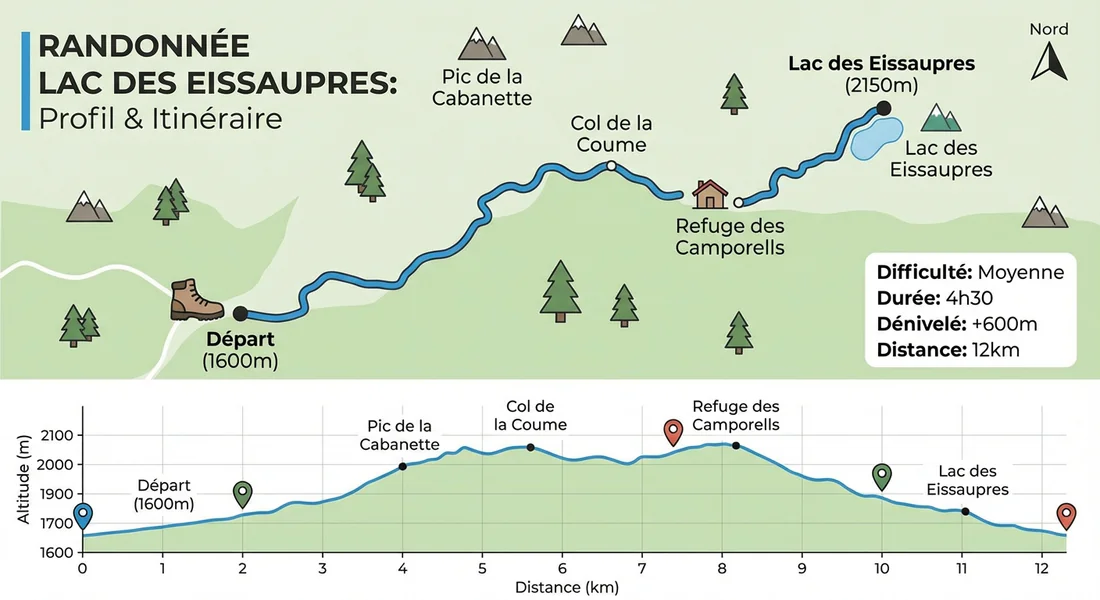 Infographie du dénivelé et du parcours pour atteindre le Lac des Eissaupres.