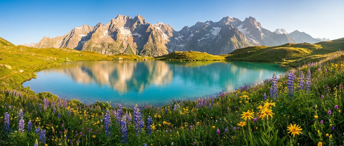 Vue panoramique du Lac des Eissaupres avec ses eaux turquoise et les sommets des Écrins en été.