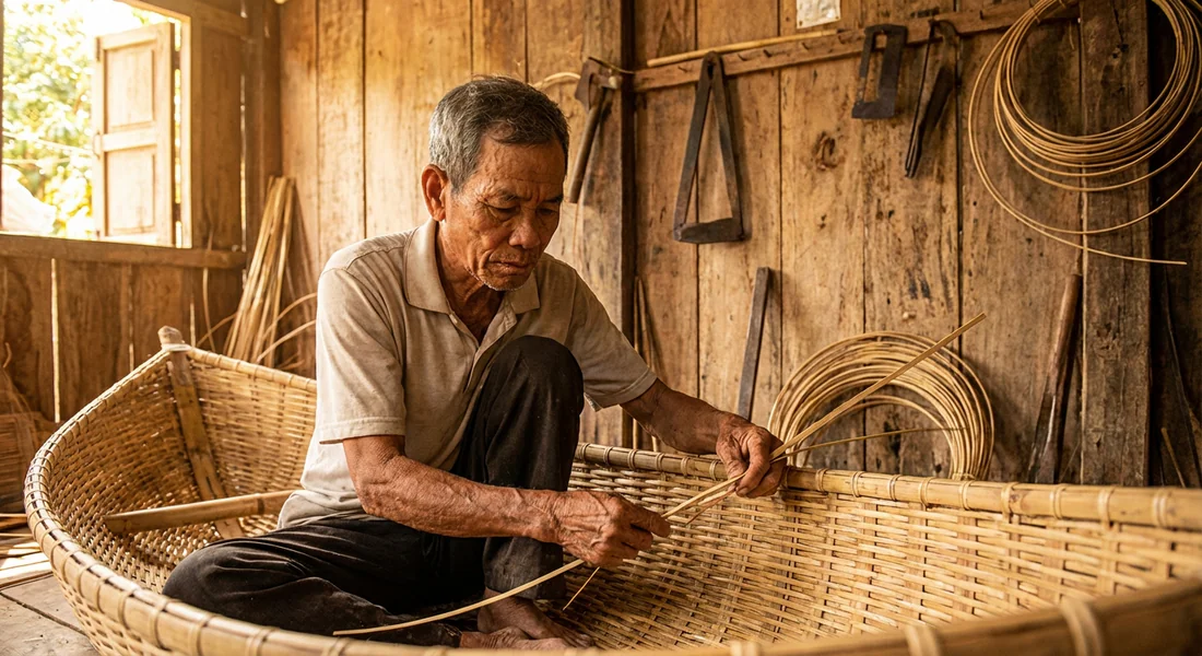 Artisan vietnamien fabriquant un bateau panier traditionnel en bambou.