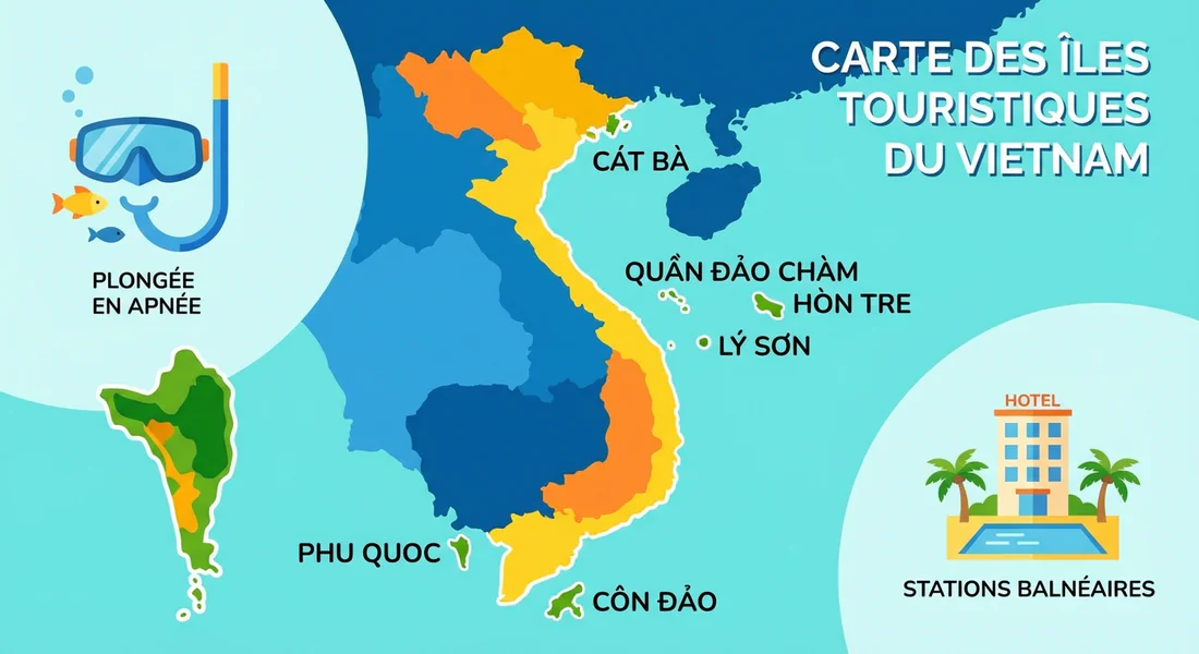 Infographie des îles touristiques et activités à Phu Quoc au Vietnam.