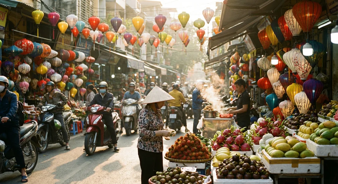 Marché local vietnamien animé avec des lanternes colorées et des fruits tropicaux.