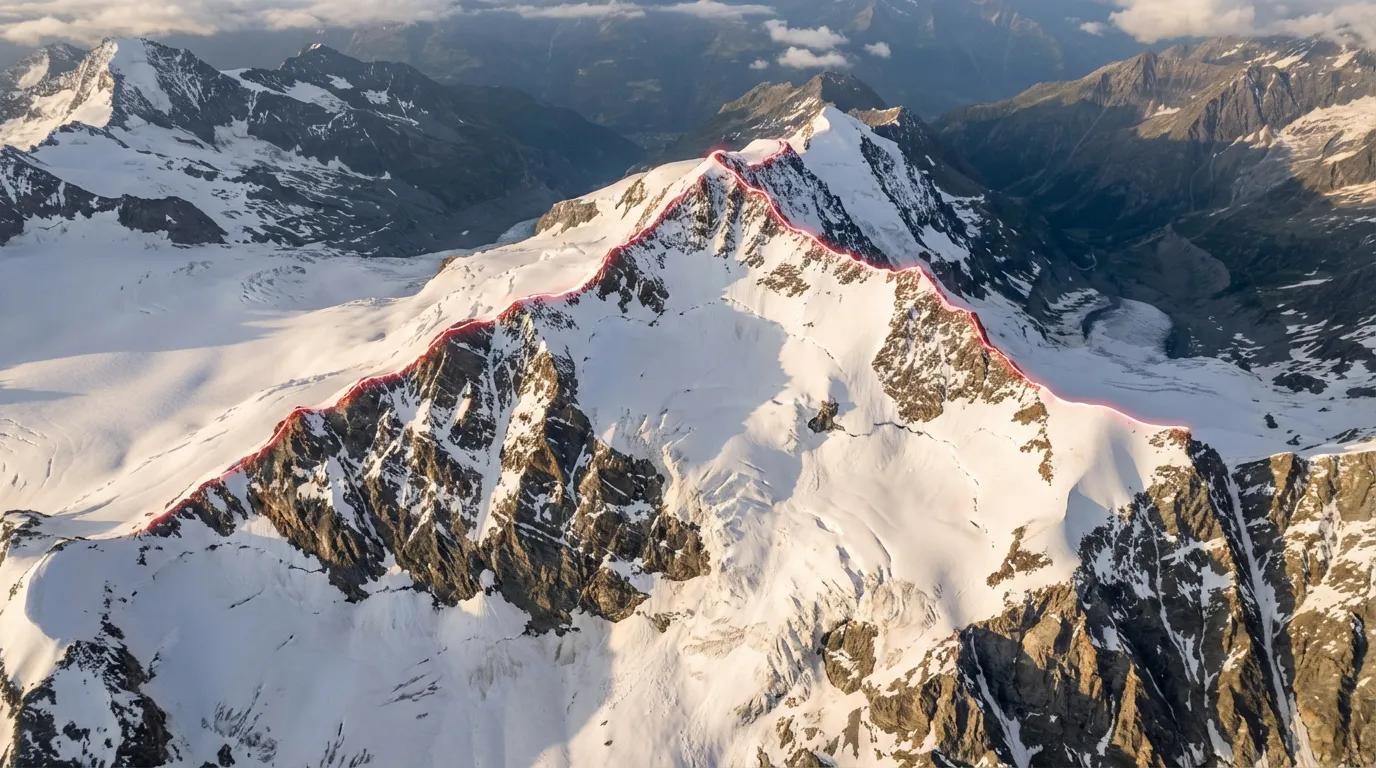 Carte 3D illustrative de la traversée du Lyskamm, montrant le tracé de l'itinéraire sur les arêtes enneigées de la montagne.