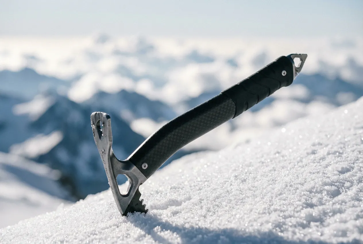 Gros plan sur un piolet d'alpinisme planté dans la neige au sommet du Lyskamm, symbolisant la conquête du sommet.