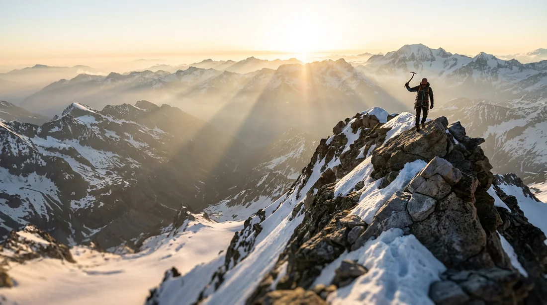 Alpiniste contemplant le panorama exceptionnel depuis le sommet du Mont Dolent au lever du soleil, un carrefour entre trois pays.
