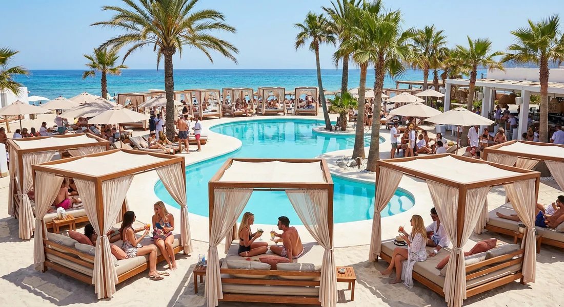 Ambiance festive et luxueuse dans un beach club du Sud d'Ibiza.