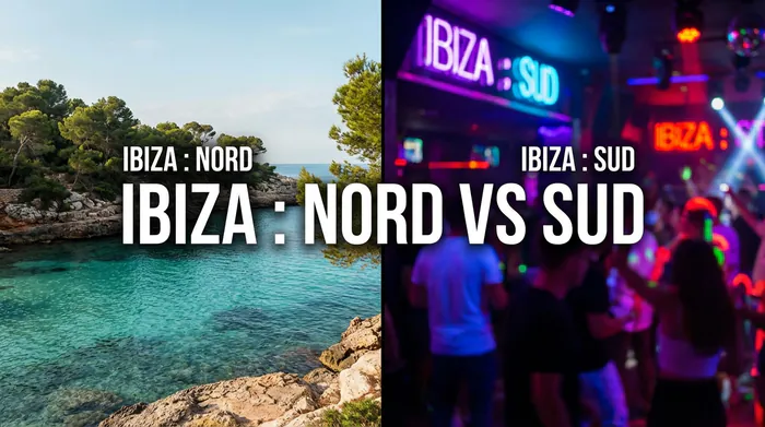Comparaison visuelle entre Ibiza Nord (calme) et Ibiza Sud (festif).