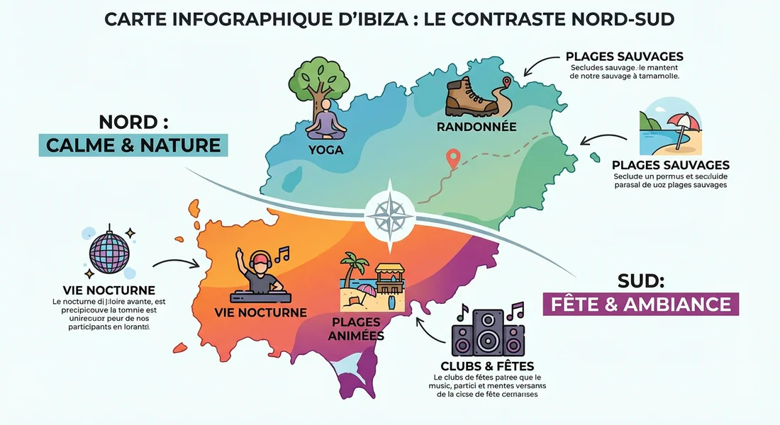 Infographie comparative des activités entre le Nord et le Sud d'Ibiza.