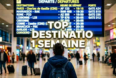 Voyageur devant un panneau d'affichage d'aéroport pour un voyage d'une semaine.