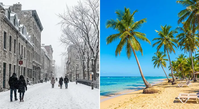 Comparaison entre la neige hivernale et une plage ensoleillée pour Noël.