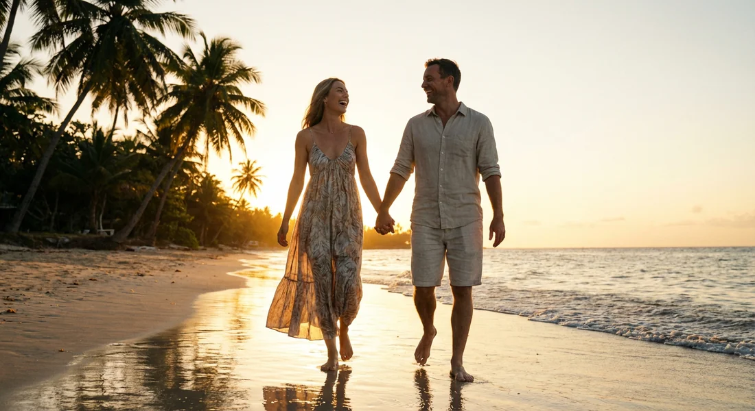 Couple marchant sur une plage tropicale pour les vacances de Noël.