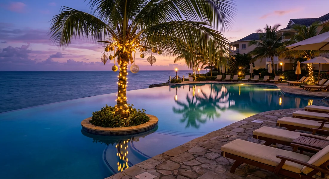 Hôtel de luxe aux Caraïbes avec décorations de Noël discrètes.