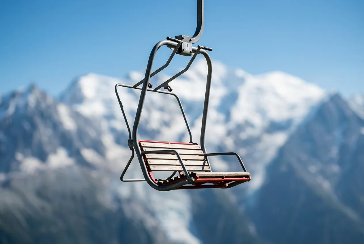 Gros plan d'un siège du télésiège de l'Index, sujet iconique et centré sur fond de Mont-Blanc flouté.