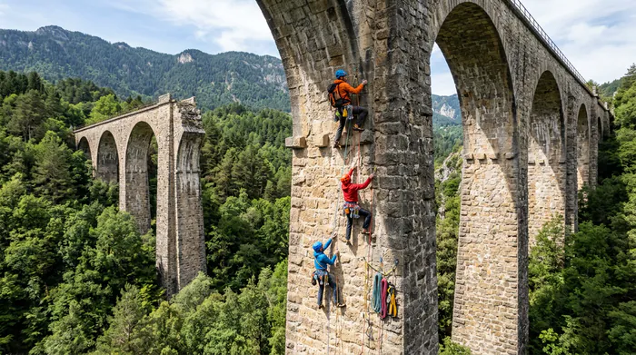 Gros plan d'un grimpeur clippant une dégaine sur la roche meulière rouge du Viaduc.