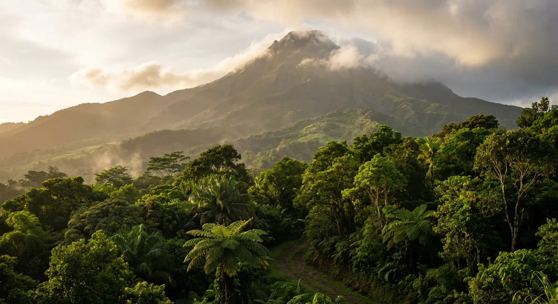 Panorama sur la Montagne Pelée, volcan majestueux au nord de la Martinique