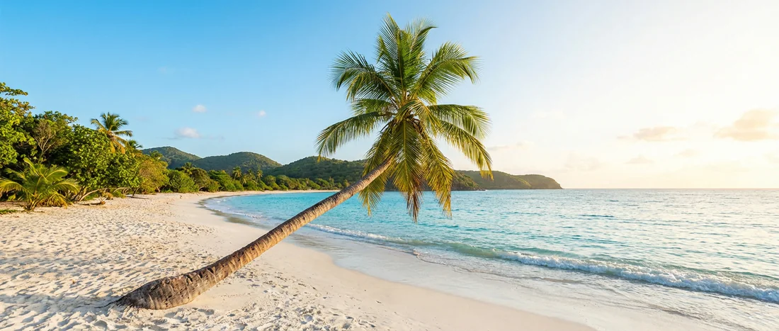 Plage des Salines en Martinique avec son cocotier penché emblématique et eau turquoise paradisiaque
