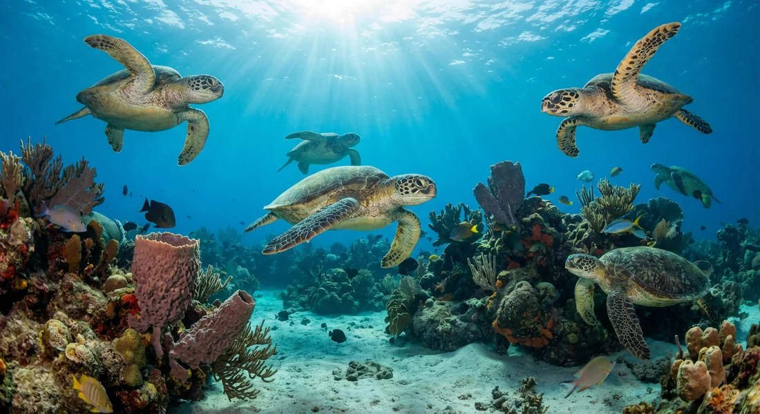 Tortues marines nageant dans les eaux cristallines d'Anse Dufour en Martinique