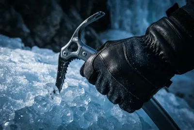 Gros plan sur la main gantée d'un alpiniste tenant un piolet, symbolisant la technique et la sécurité en haute montagne.
