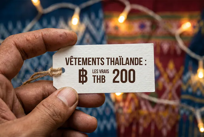 Prix vêtements Thaïlande : Guide 2025 - S'habiller pour 100€ ? Les vrais prix - Quel prix pour les vêtements en Thaïlande ? Gros plan sur une étiquette de prix en Thaïlande avec texte indicatif.