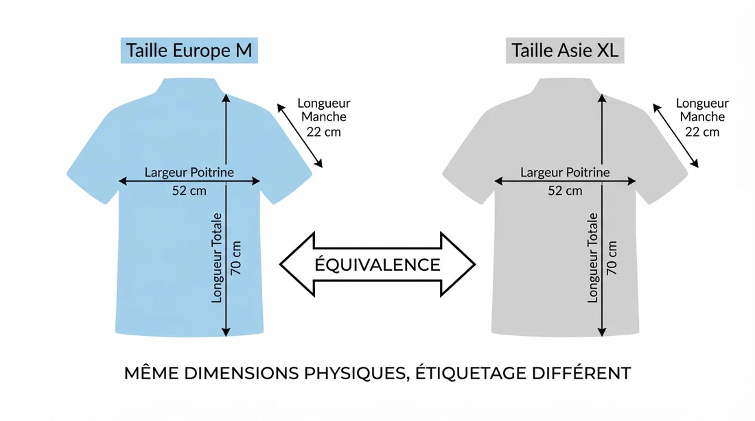 Infographie comparant la différence de taille entre le standard européen M et le standard asiatique XL.