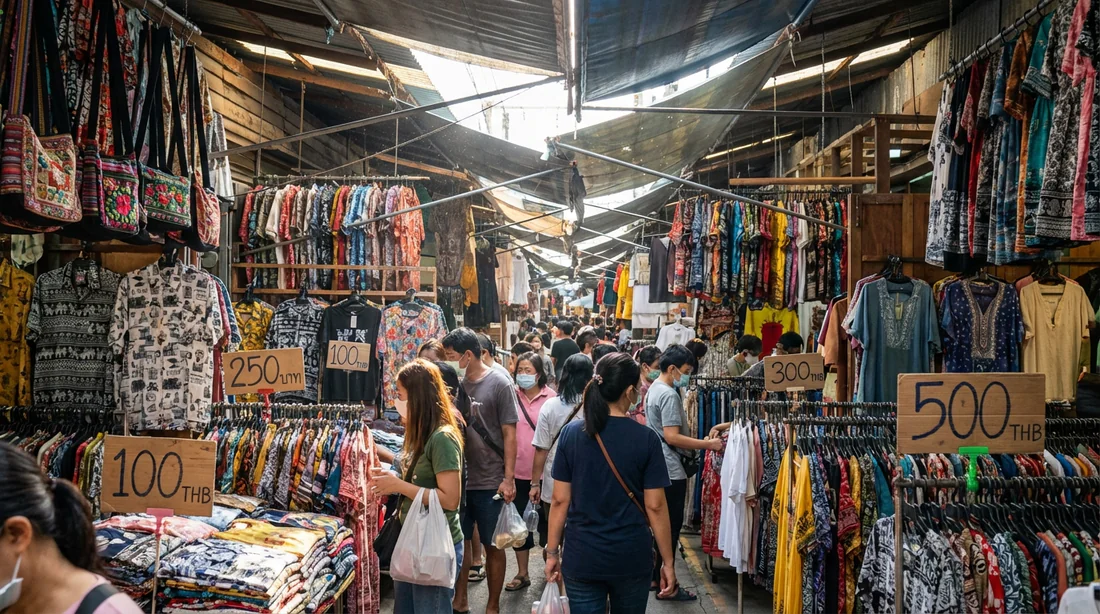Marché de Chatuchak à Bangkok avec des rangées de vêtements et des étiquettes de prix en Bahts.