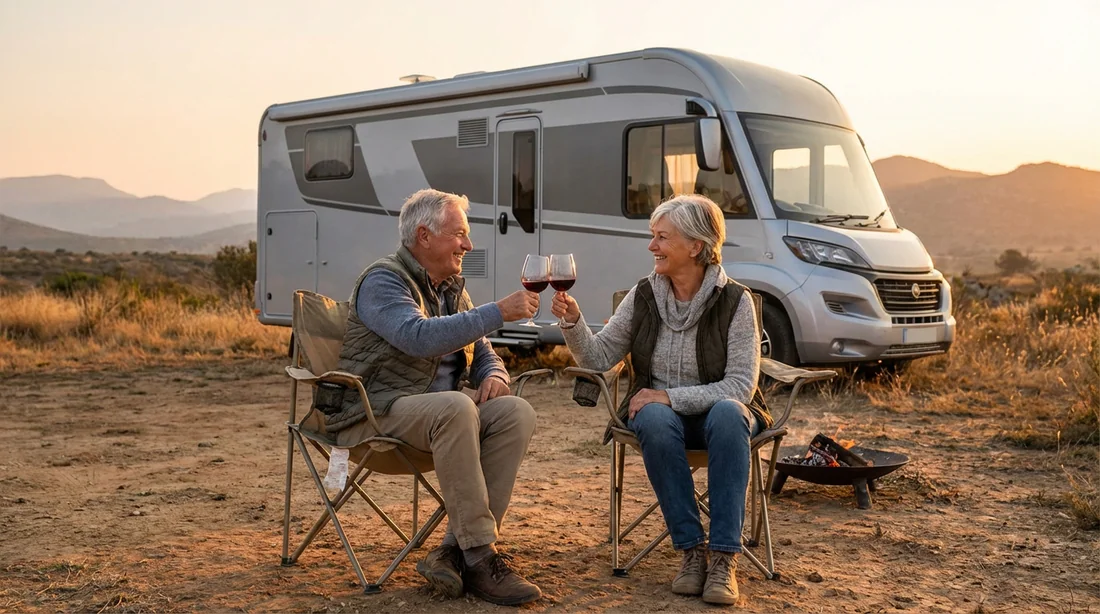 Rencontre et convivialité en camping-car Couple de séniors dynamiques trinquant devant leur camping-car au coucher du soleil