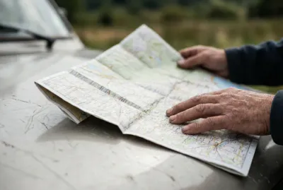 Mains de camping-caristes tenant une carte routière