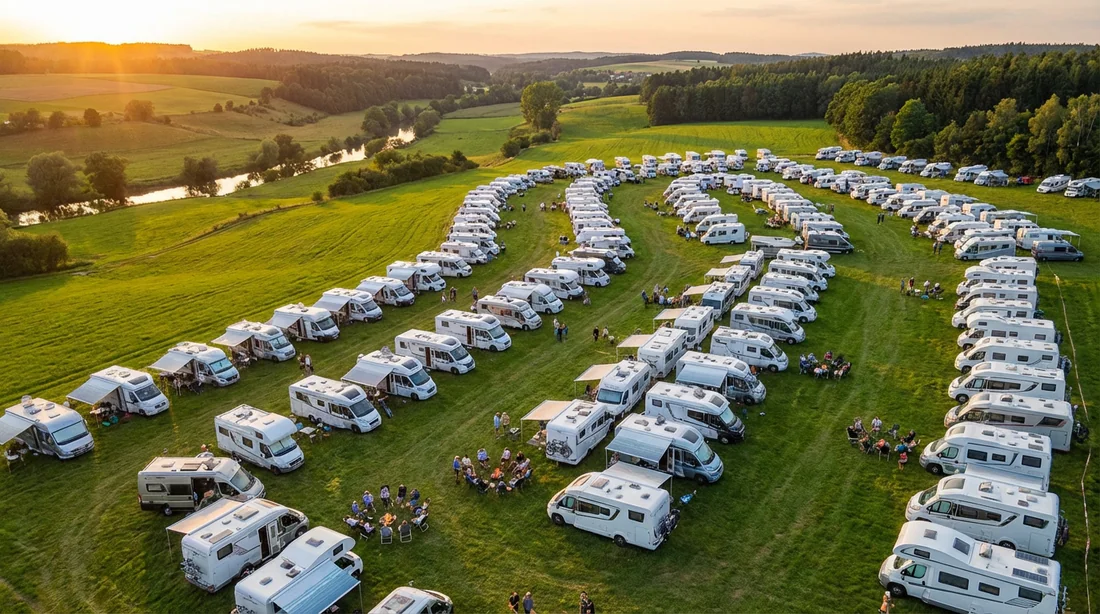 Événements et bivouacs organisés en 2025 Vue aérienne d'un rassemblement communautaire de camping-cars
